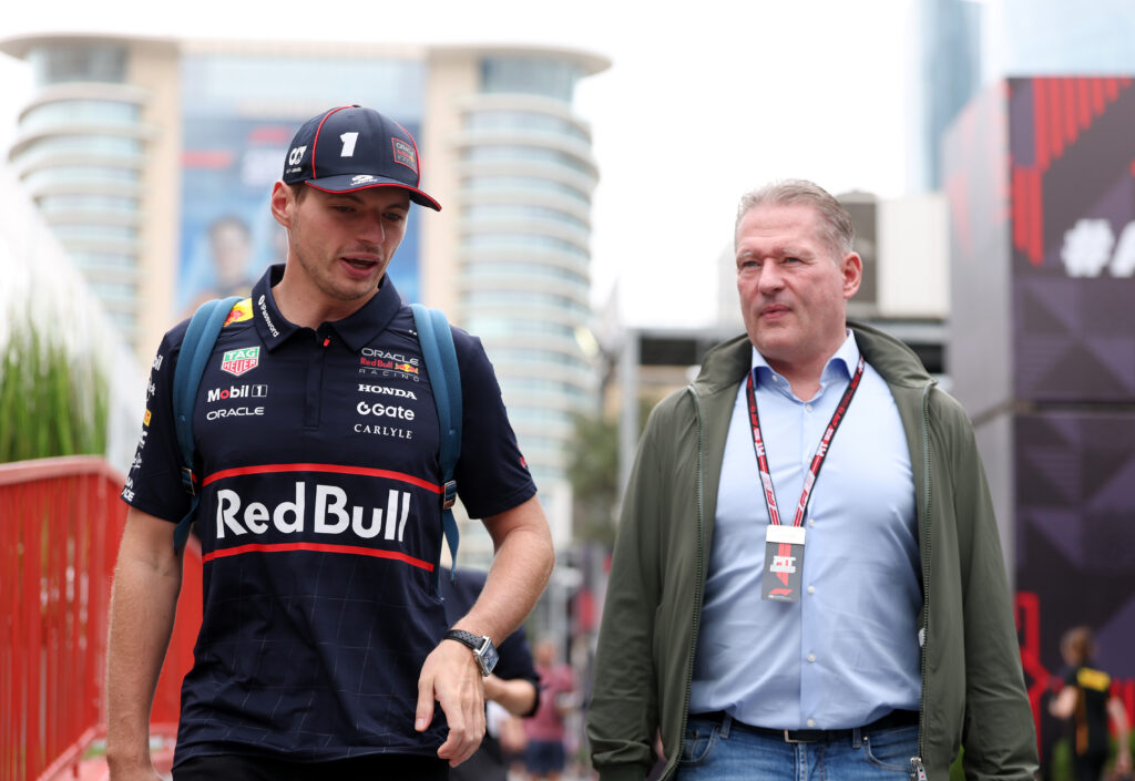 Max Verstappen of the Netherlands and Oracle Red Bull Racing and Jos Verstappen arrive in the Paddock during practice ahead of the F1 Grand Prix of Azerbaijan at Baku City Circuit on September 19, 2025 in Baku, Azerbaijan.