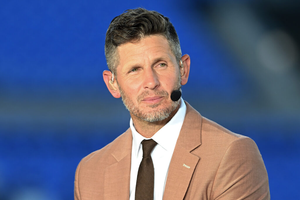 ESPN Broadcaster Dan Orlovsky speaks before the game between the Baltimore Ravens and the Detroit Lions at M&T Bank Stadium.