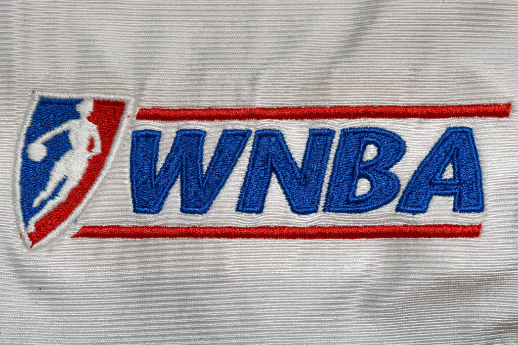 A detail view of the WNBA logo on team issued Detroit Shock shorts from 2001.