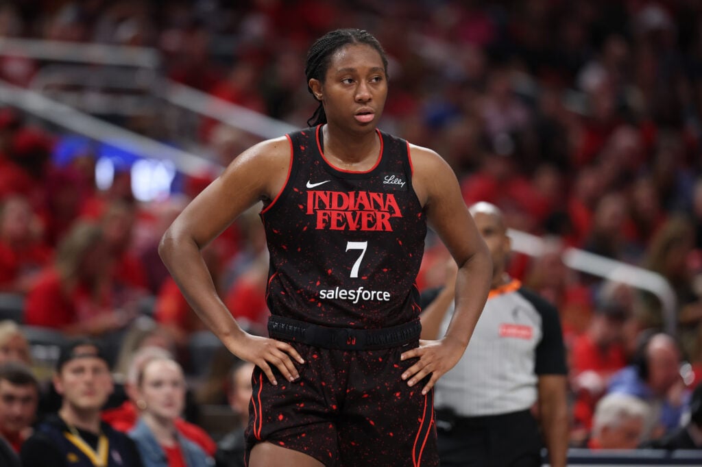 Aliyah Boston #7 of the Indiana Fever during the game against the Las Vegas Aces in Game Three of the semifinals of the 2025 WNBA Playoffs at Gainbridge Fieldhouse.