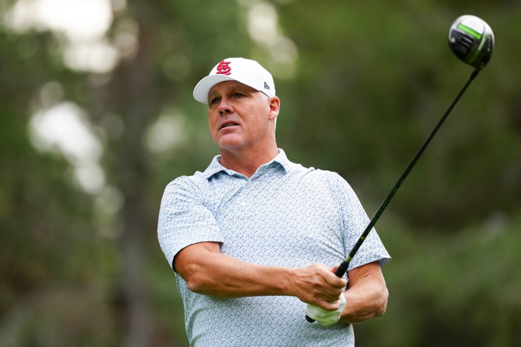 Andy Benes tees off during the 2025 Capital One MLB Open Pro Am at Shadow Creek Golf Course.
