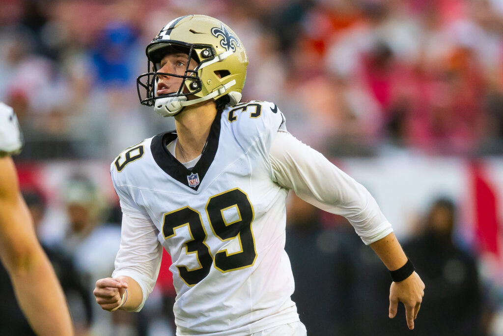 Charlie Smyth of the New Orleans Saints looks on after kicking a field goal against the Tampa Bay Buccaneers in 2025