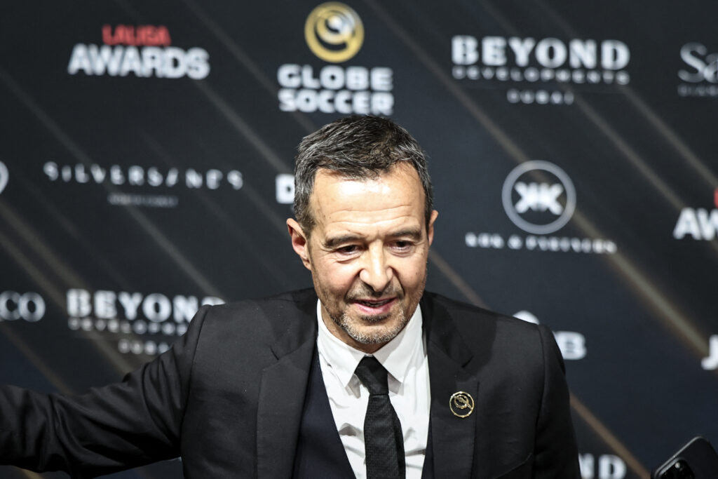 Portuguese sports agent Jorge Mendes arrives for the Globe Soccer Awards ceremony in Dubai.