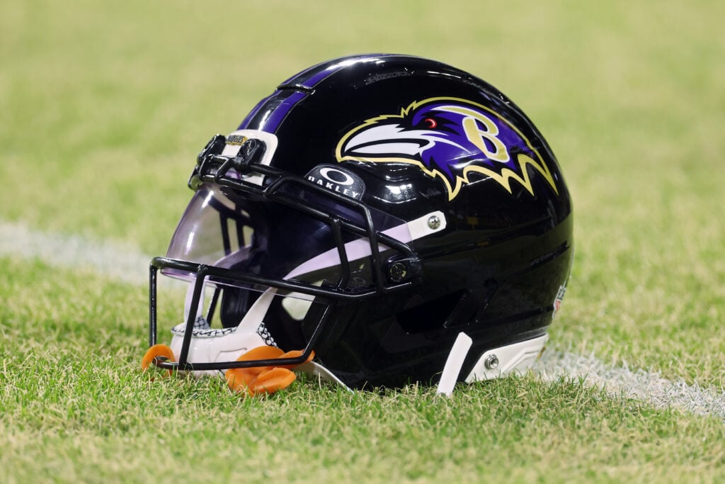 A detail view of a Baltimore Ravens helmet before the game against the Green Bay Packers at Lambeau Field.