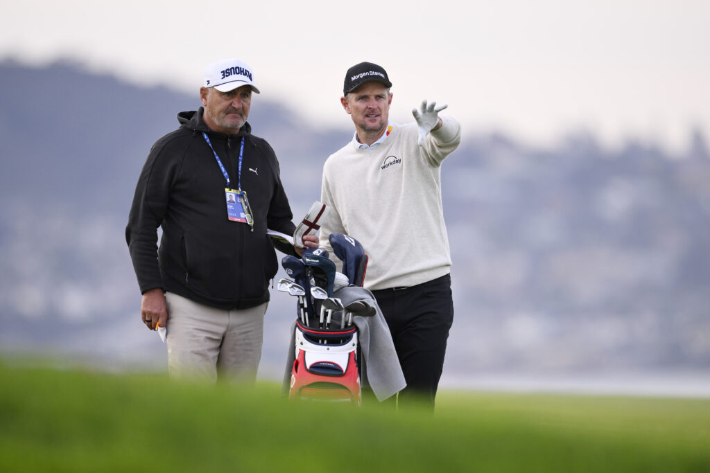 Justin Rose with his caddie Mark Fulcher during the pro-am prior to the Farmers Insurance Open at Torrey Pines