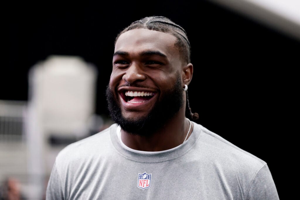 Will Anderson Jr. #51 of the Houston Texans smiles during a Pro Bowl team practice during the NFL Pro Bowl Games at Moscone Center South.