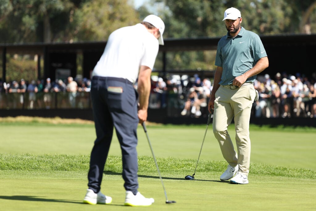 Scottie Scheffler and Matt Fitzpatrick on the 14th green during the final round of The Genesis Invitational