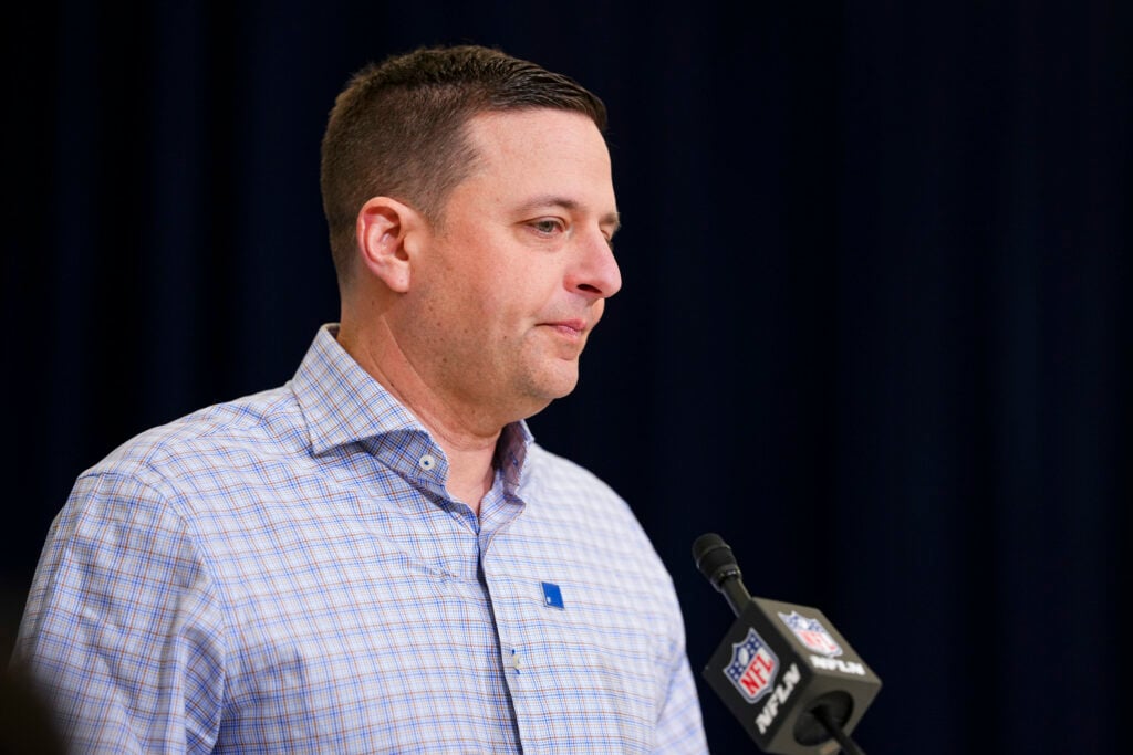 Eliot Wolf of the New England Patriots speaks during a press conference at the 2026 NFL Scouting Combine.