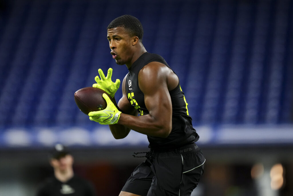 Sonny Styles #LB25 of Ohio State participates in a drill during the 2026 NFL Scouting Combine at Lucas Oil Stadium.