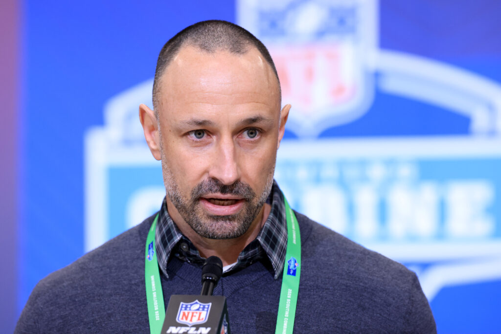 General manager Jon-Eric Sullivan of the Miami Dolphins speaks to the media during the 2026 NFL Scouting Combine at Lucas Oil Stadium.