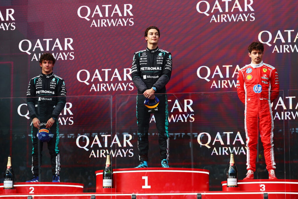 Race winner George Russell of Great Britain and Mercedes AMG Petronas F1 Team Second placed Andrea Kimi Antonelli of Italy and Mercedes AMG Petronas F1 Team and Third placed Charles Leclerc of Monaco and Scuderia Ferrari on the podium during the F1 Grand Prix of Australia at Albert Park Grand Prix Circuit on March 08, 2026 in Melbourne, Australia.
