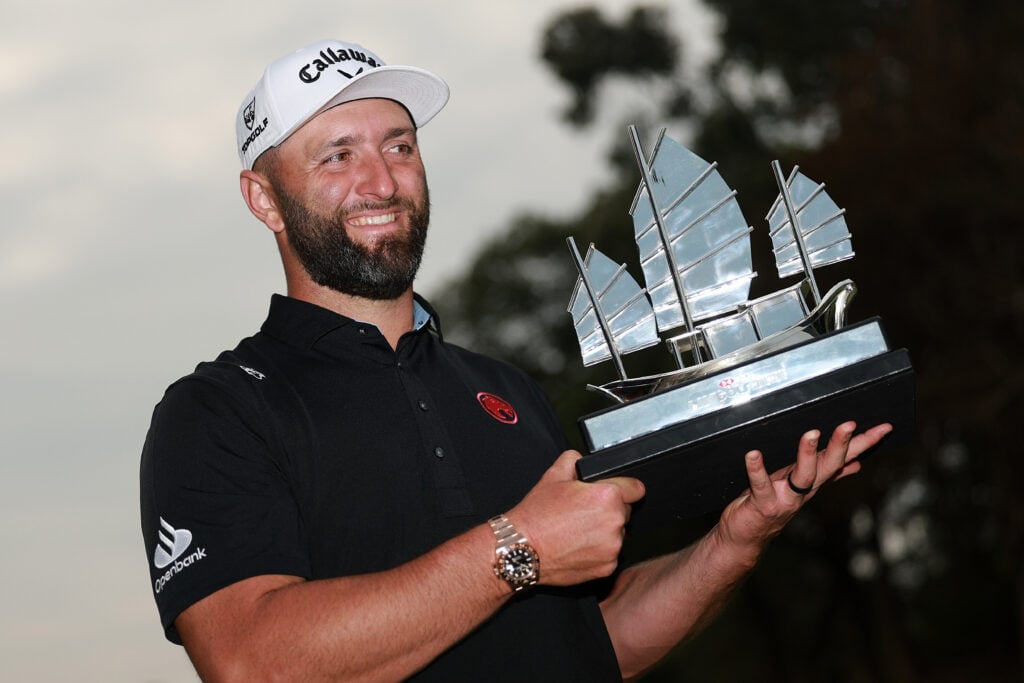 Jon Rahm of Legion XIII poses with the individual winner's trophy following day four of LIV Golf Hong Kong at Hong Kong Golf Club