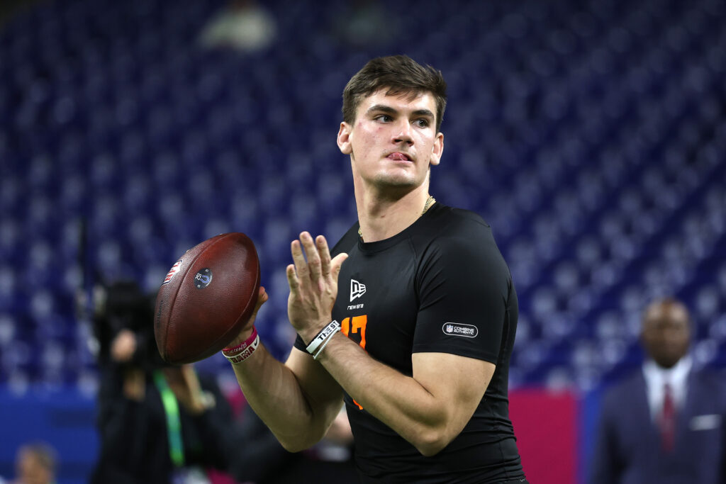 Ty Simpson of the Alabama Crimson Tide participates in a drill during the 2026 NFL Scouting Combine at Lucas Oil Stadium.
