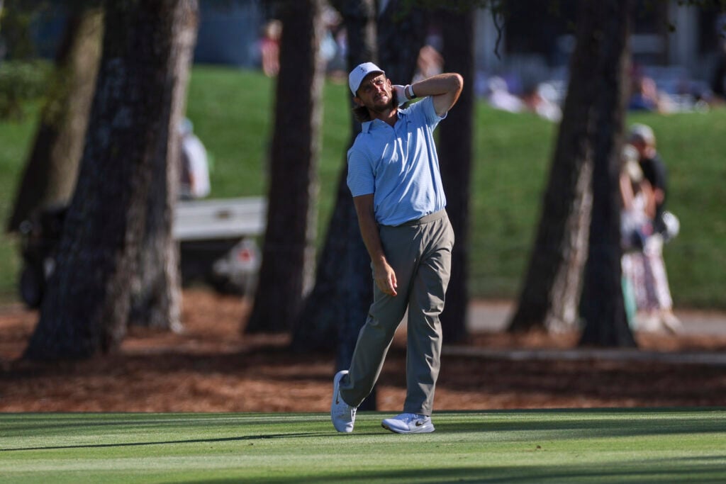 Tommy Fleetwood of England reacts to a shot on the 15th hole during THE PLAYERS Championship