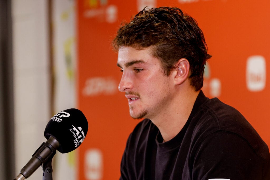 Joao Fonseca (BRA) speaks to the media after his men's singles match against Carlos Alcaraz (ESP) at the Miami Open on March 20, 2026, at Hard Rock Stadium in Miami Gardens, Florida