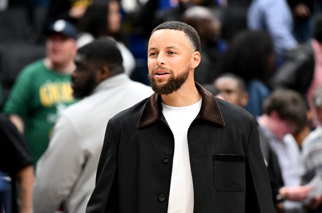 Stephen Curry #30 of the Golden State Warriors walks on the court after the game against the Washington Wizards at Capital One Arena.