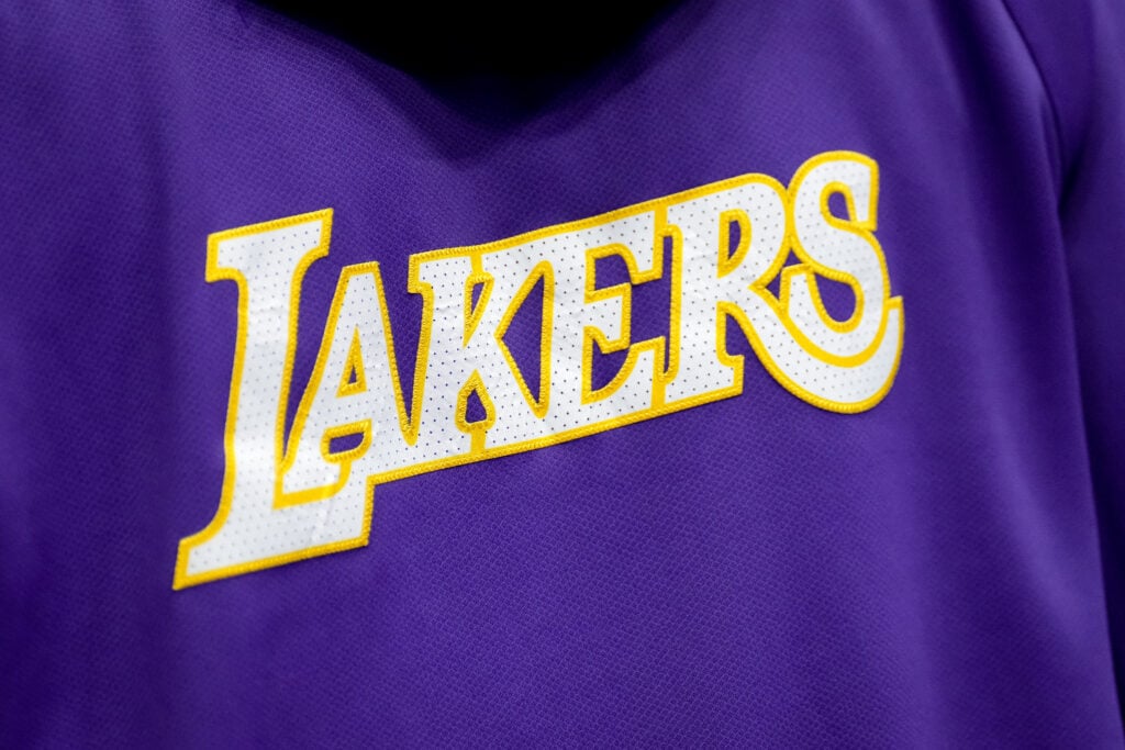 A detail of the Los Angeles Lakers logo on a uniform during the game against the Detroit Pistons at Little Caesars Arena.