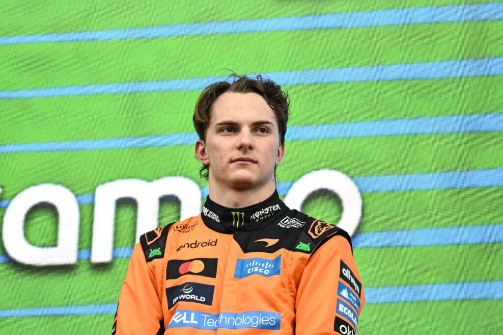 Second-placed McLaren's Australian driver Oscar Piastri stands on the podium after the Formula One Japanese Grand Prix at the Suzuka circuit in Suzuka, Mie prefecture on March 29, 2026.