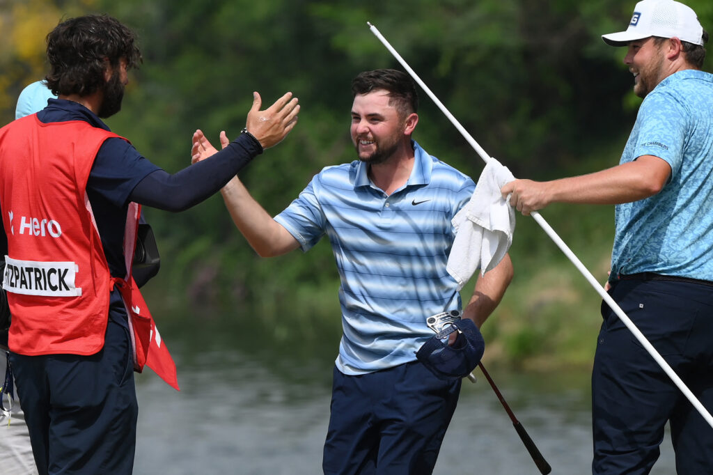 Alex Fitzpatrick celebrates after winning the Indian Open on the DP World Tour