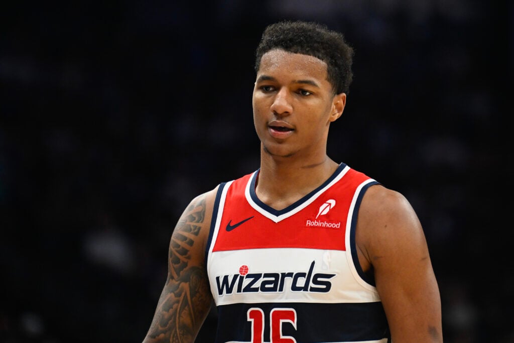 Julian Reese #15 of the Washington Wizards looks on during the second half of a game against the Utah Jazz at Delta Center.