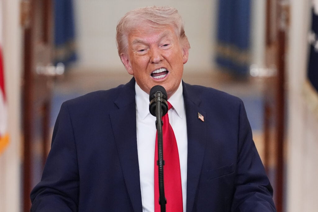 U.S. President Donald Trump speaks from the Cross Hall of the White House on April 1, 2026 in Washington, DC. Trump used the prime-time address to update the nation on the war in Iran.