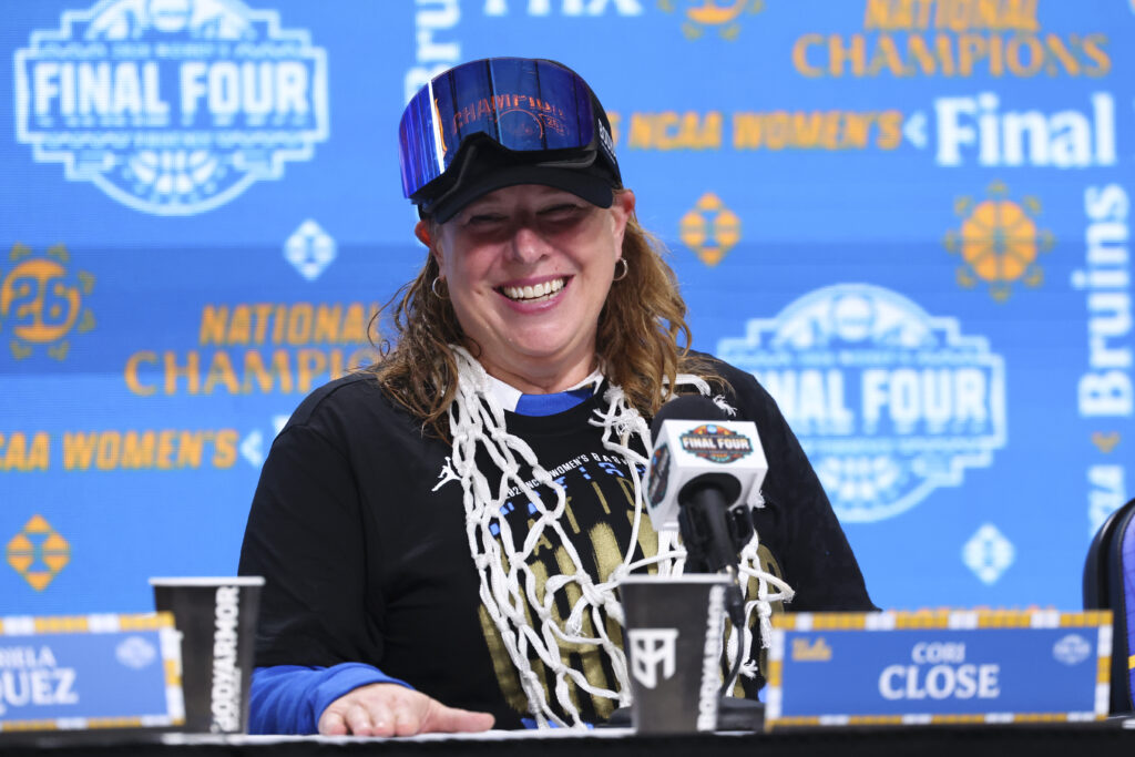 Head coach Cori Close of the UCLA Bruins speaks during the post game press conference after defeating the South Carolina Gamecocks during the NCAA Women's Basketball Championship game at Mortgage Matchup Center.