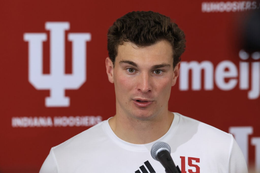 Fernando Mendoza #15 of the Indiana Hoosiers speaks to the media during the 2026 IU Pro Day at John Mellencamp Pavilion.