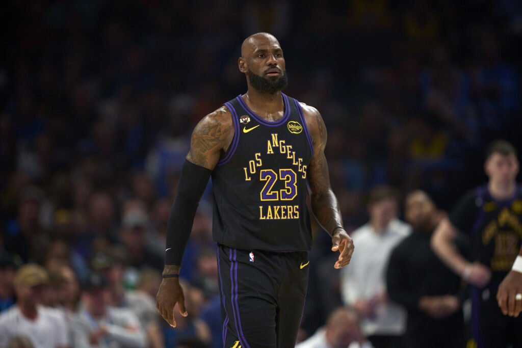 LeBron James #23 of the Los Angeles Lakers looks on against the Oklahoma City Thunder at the Paycom Center.