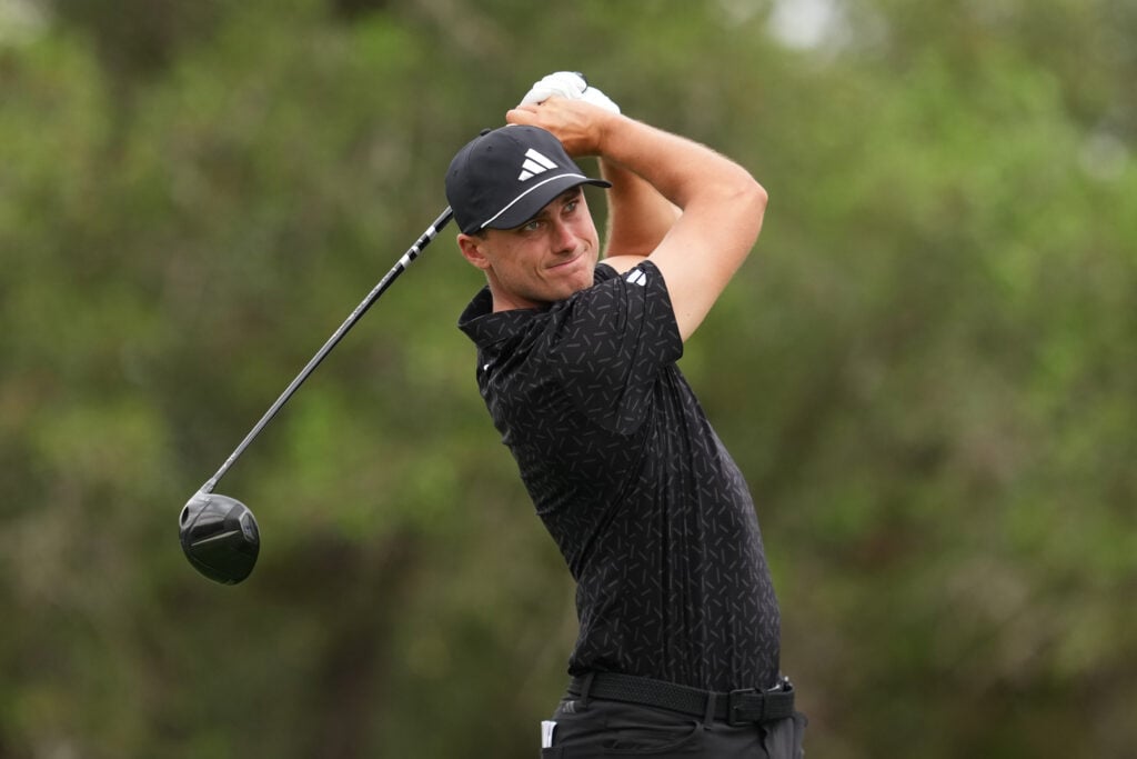Ludvig Aberg plays his shot from the second tee during the second round of the Valero Texas