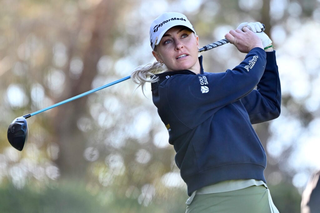 Charley Hull of England plays her shot from the 12th tee during the second round of the Aramco Championship 2026 at Shadow Creek Golf Course