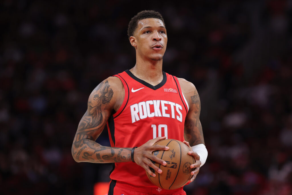 Jabari Smith Jr. #10 of the Houston Rockets shoots a free throw against the Utah Jazz during the first half at Toyota Center.