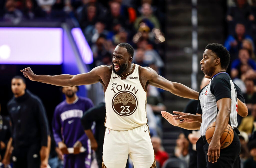 Draymond Green (23) tries to make the case for a take foul in the second half as the Golden State Warriors play the Sacramento Kings at Chase Center in San Francisco.
