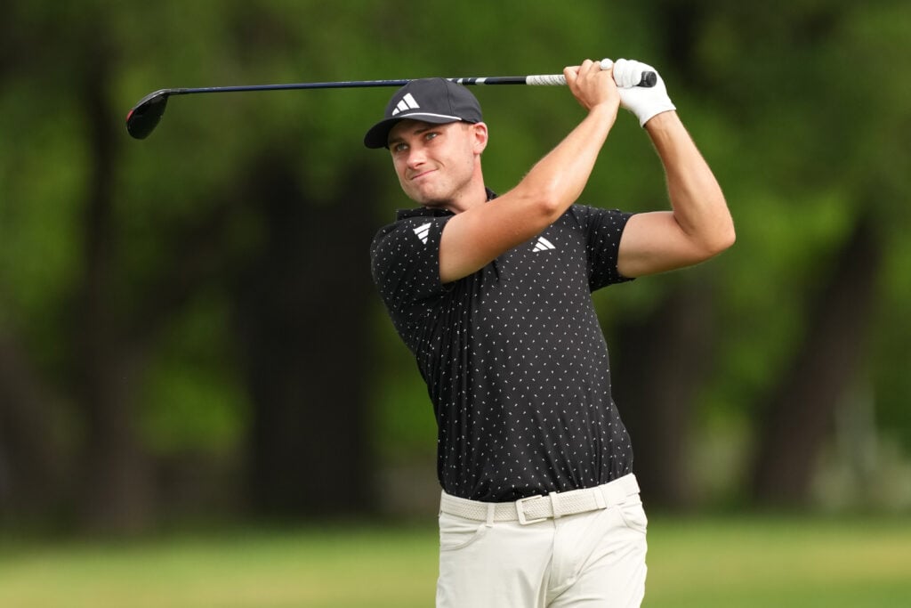 Ludvig Aberg plays a shot on the second hole during the third round of the Valero Texas Open