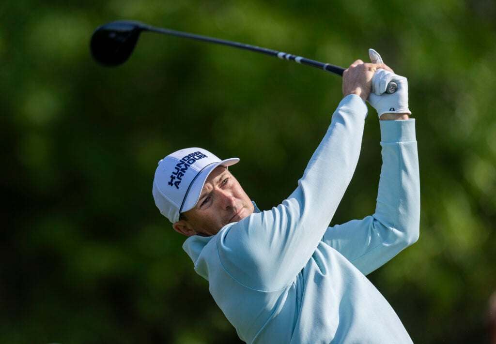 Jordan Spieth on the 5th hole tee during a practice round prior to the Masters at Augusta National