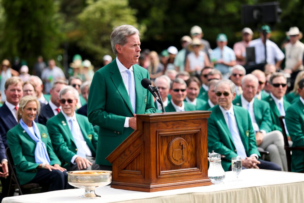Augusta National Chairman Fred Ridley speaks during the trophy ceremony for Maria Jose Marin of Colombia after she won the Augusta National Women's Amateur at Augusta National Golf Club