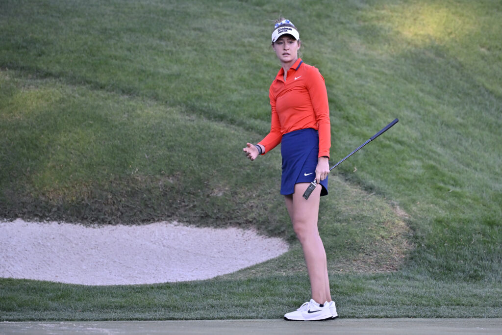 Nelly Korda watches her putt during the third round of the Aramco Championship at Shadow Creek Golf Course