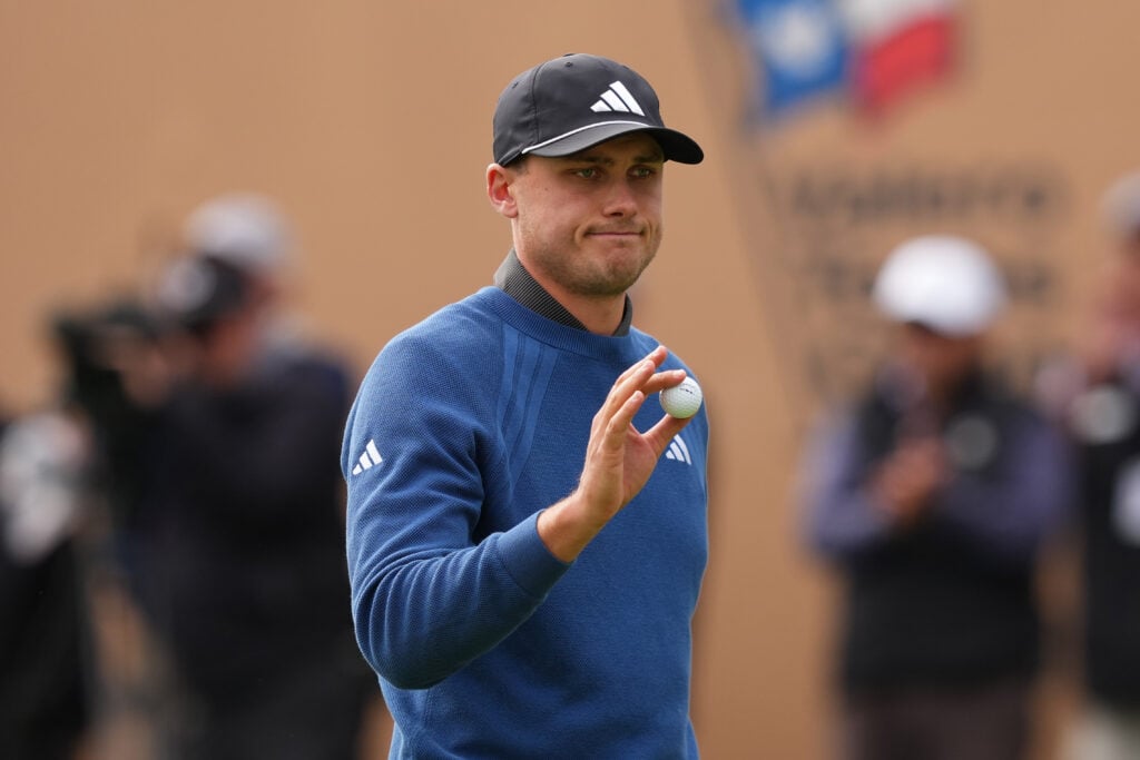 Ludvig Aberg on the 18th green during the final round of the Valero Texas Open at TPC San Antonio
