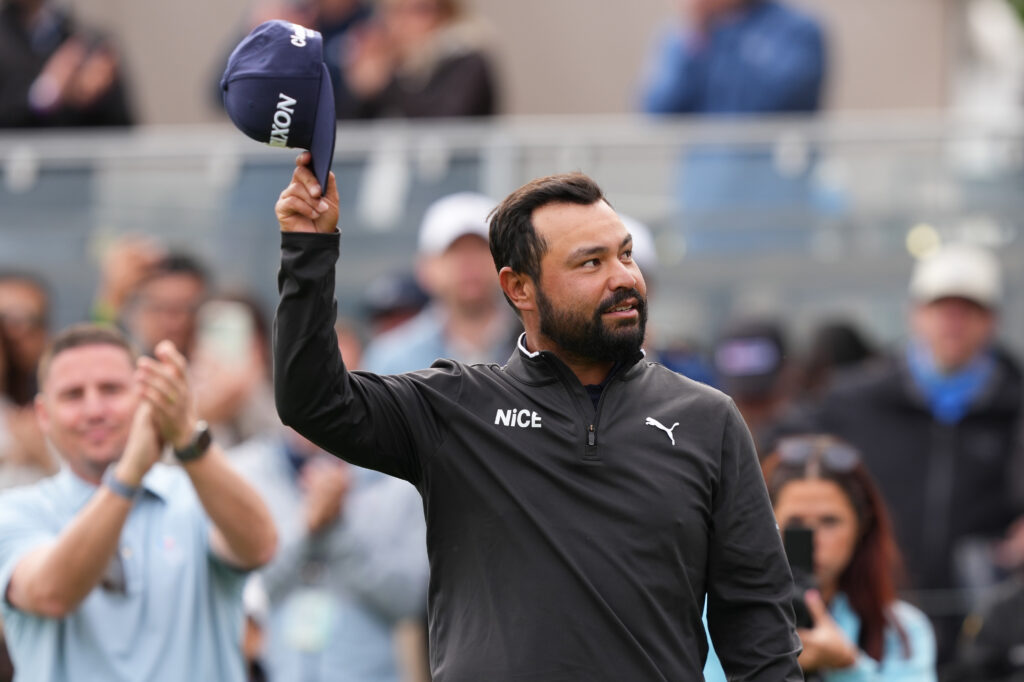 J.J. Spaun acknowledges the crowd after winning the final round of the Valero Texas Open