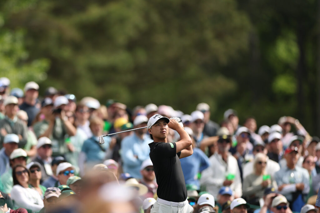 Min Woo Lee of Australia plays a shot from the 12th hole tee box during a practice round prior to the 2026 Masters Tournament