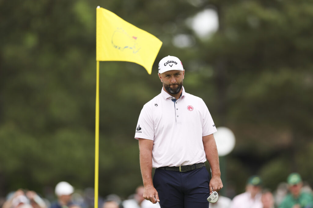 Jon Rahm of Spain reacts to a putt on the seventh hole during a practice round prior to the 2026 Masters Tournament at Augusta National Golf Club