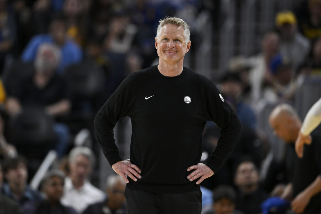 Head coach Steve Kerr of the Golden State Warriors looks on against the Houston Rockets in the fourth quarter at Chase Center.
