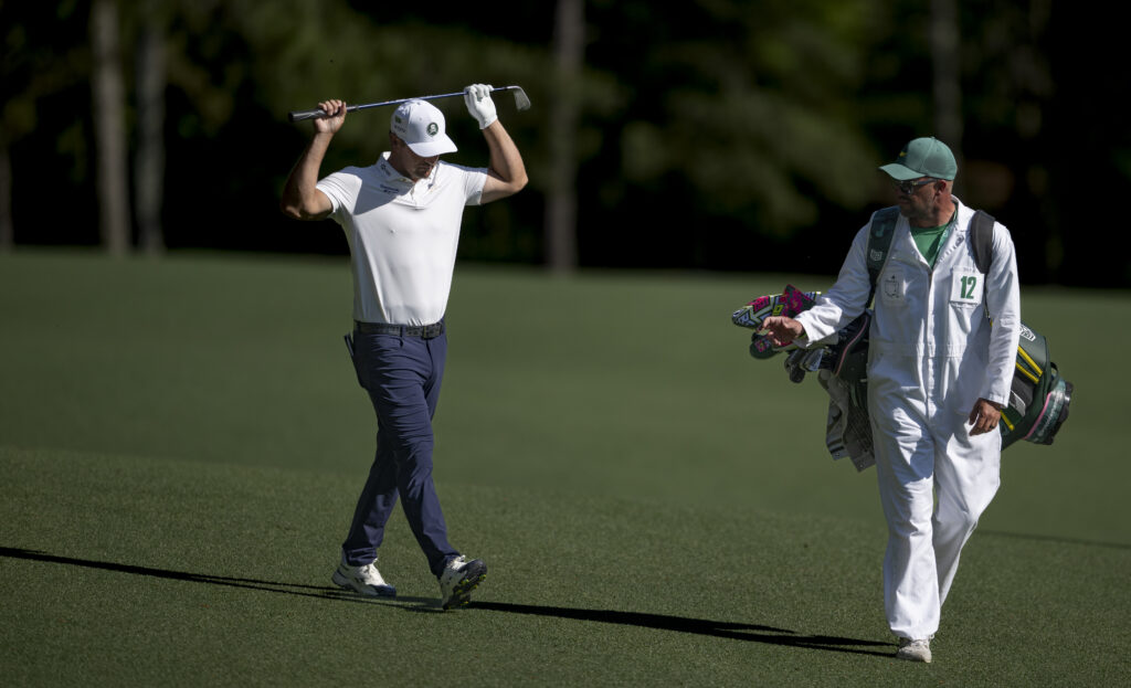Bryson DeChambeau of the United States reacts on the No. 13 hole during the second round of the Masters at Augusta National Golf Club