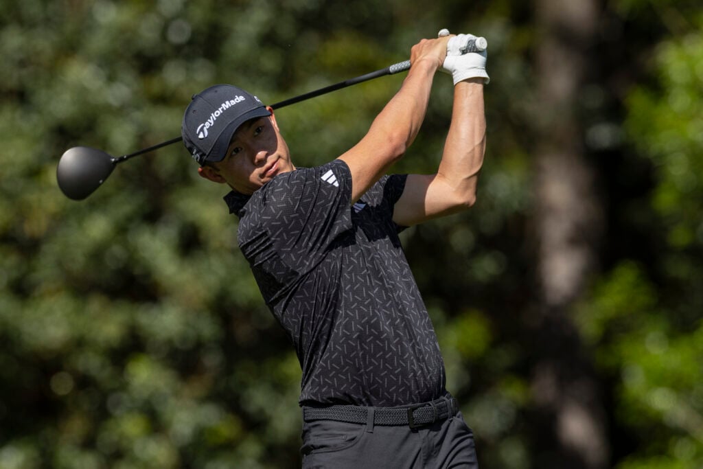 Collin Morikawa hits a tee shot during the second round of The Masters