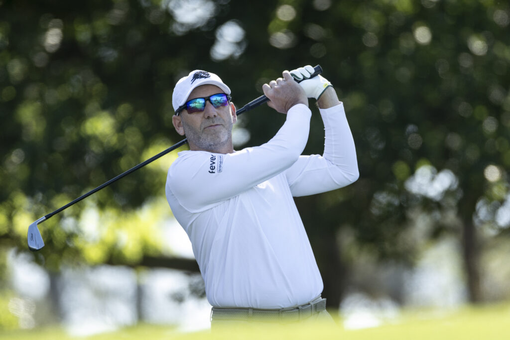 Masters champion Sergio Garcia of Spain plays a stroke from the No. 4 tee during the second round of the Masters at Augusta National Golf Club,