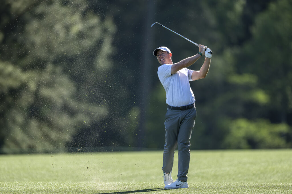 Rory McIlroy hits his approach during the second round at The Masters