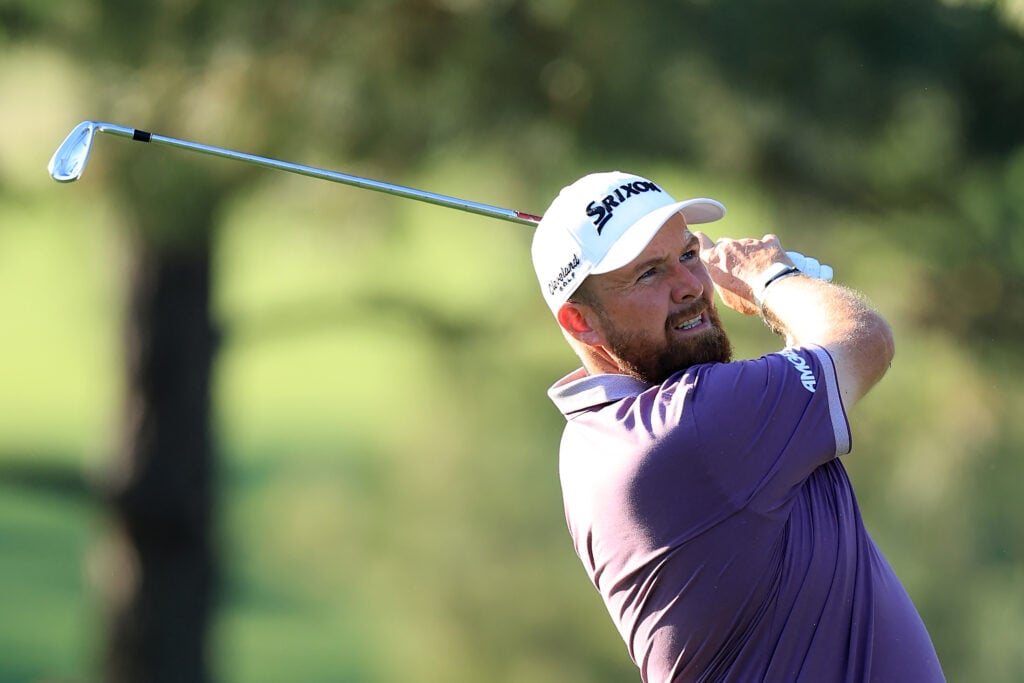 Shane Lowry of Ireland hits his second shot on the 17th hole during the third round of the 2026 Masters Tournament at Augusta National Golf Club