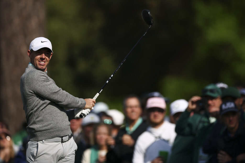 Rory McIlroy of Northern Ireland plays his shot from the 17th tee during a practice round prior to the 2026 Masters Tournament at Augusta National Golf Club