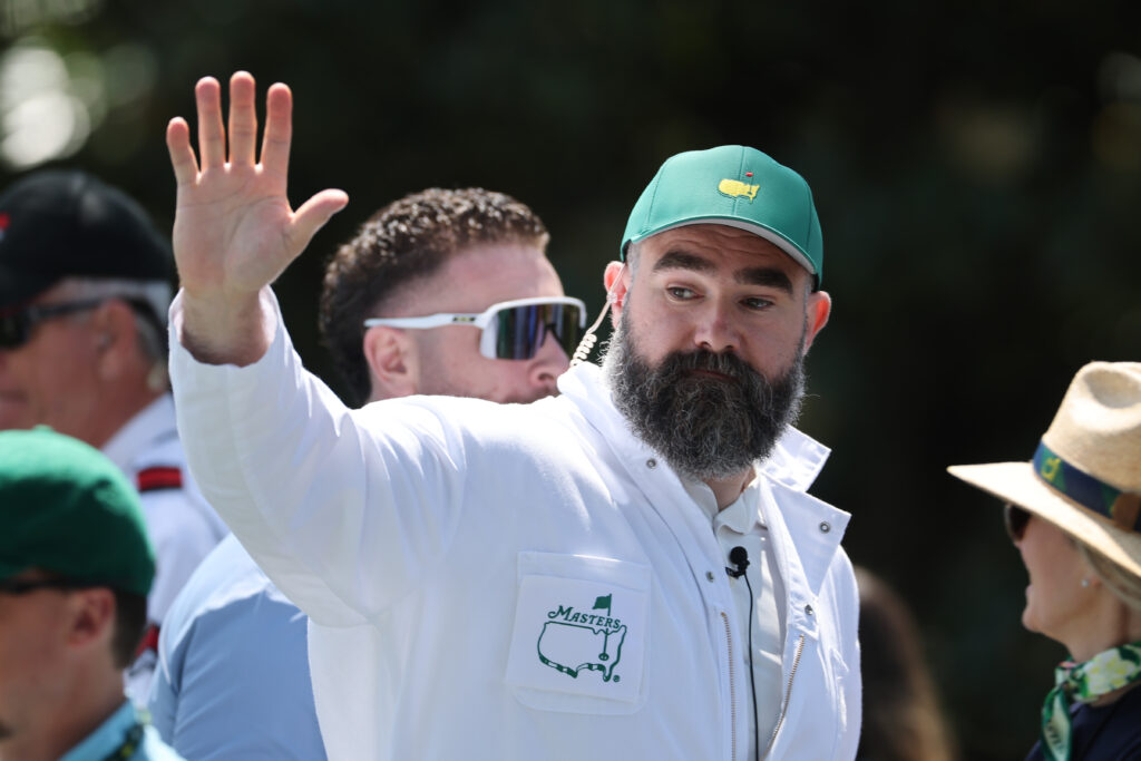 Jason Kelce, broadcaster for ESPN, walks the course during the Par Three Contest prior to the 2026 Masters Tournament at Augusta National Golf Club