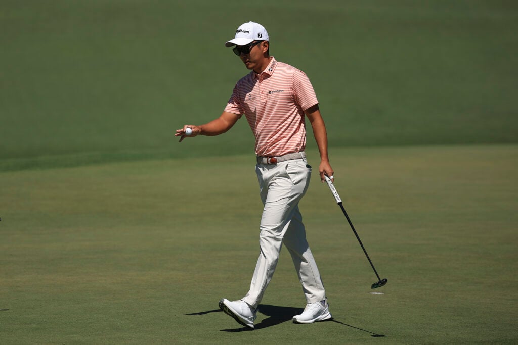 Michael Kim of the United States reacts on the second green during the first round of the 2026 Masters Tournament at Augusta National Golf Club