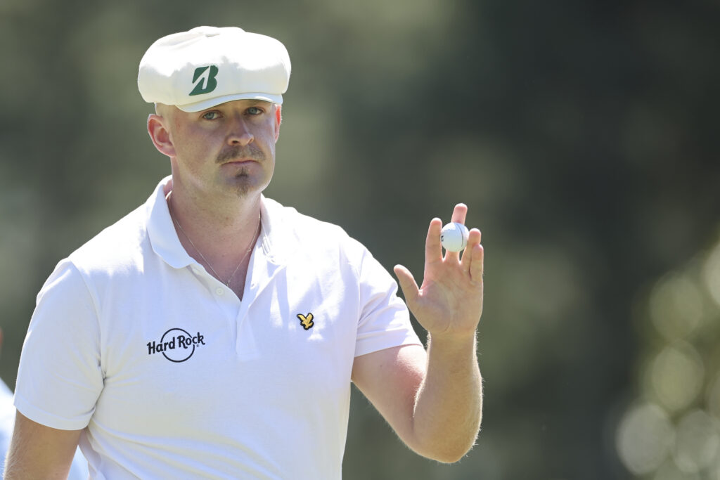 Harry Hall of England reacts on the first green during the first round of the 2026 Masters Tournament at Augusta National Golf Club